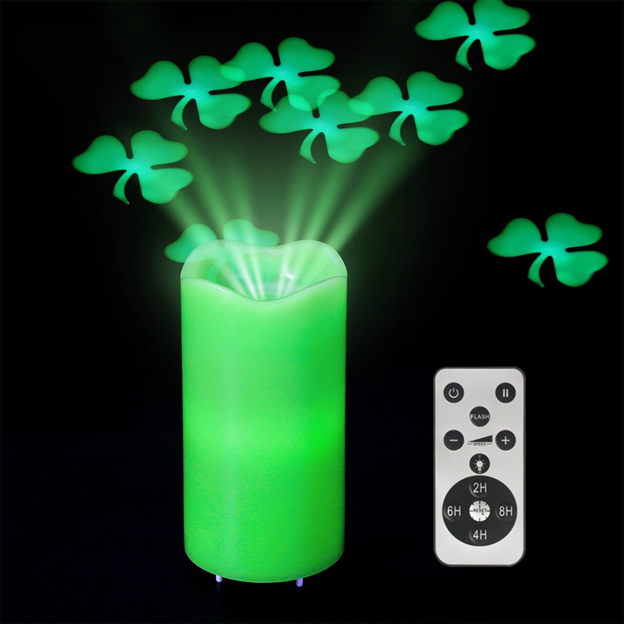 St Patricks Day Decorations Flameless Candles with Lucky Clover Projector, Green LED Candle with Remote and Timer